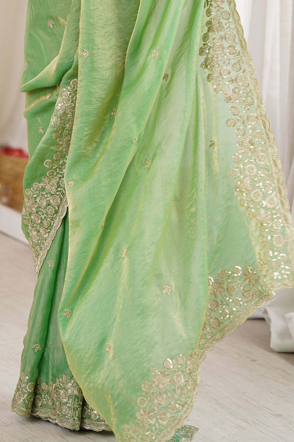 Aurora Green Satin Sequins Embellished Ready To Wear Saree