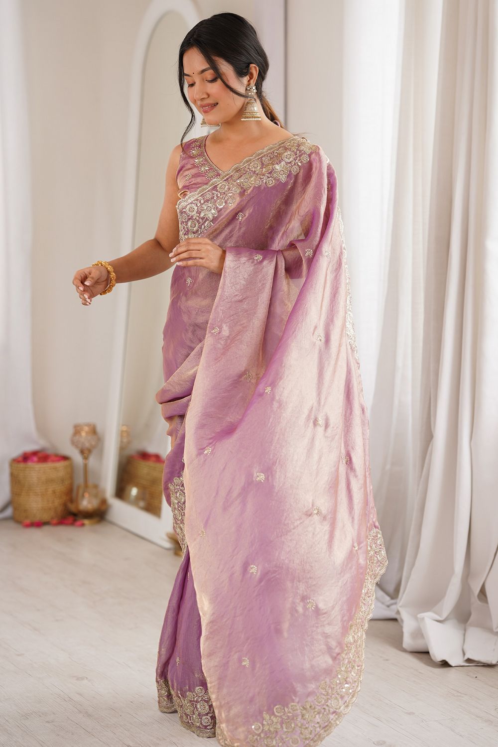 Aurora Lavender Satin Sequins Embellished Ready To Wear Saree