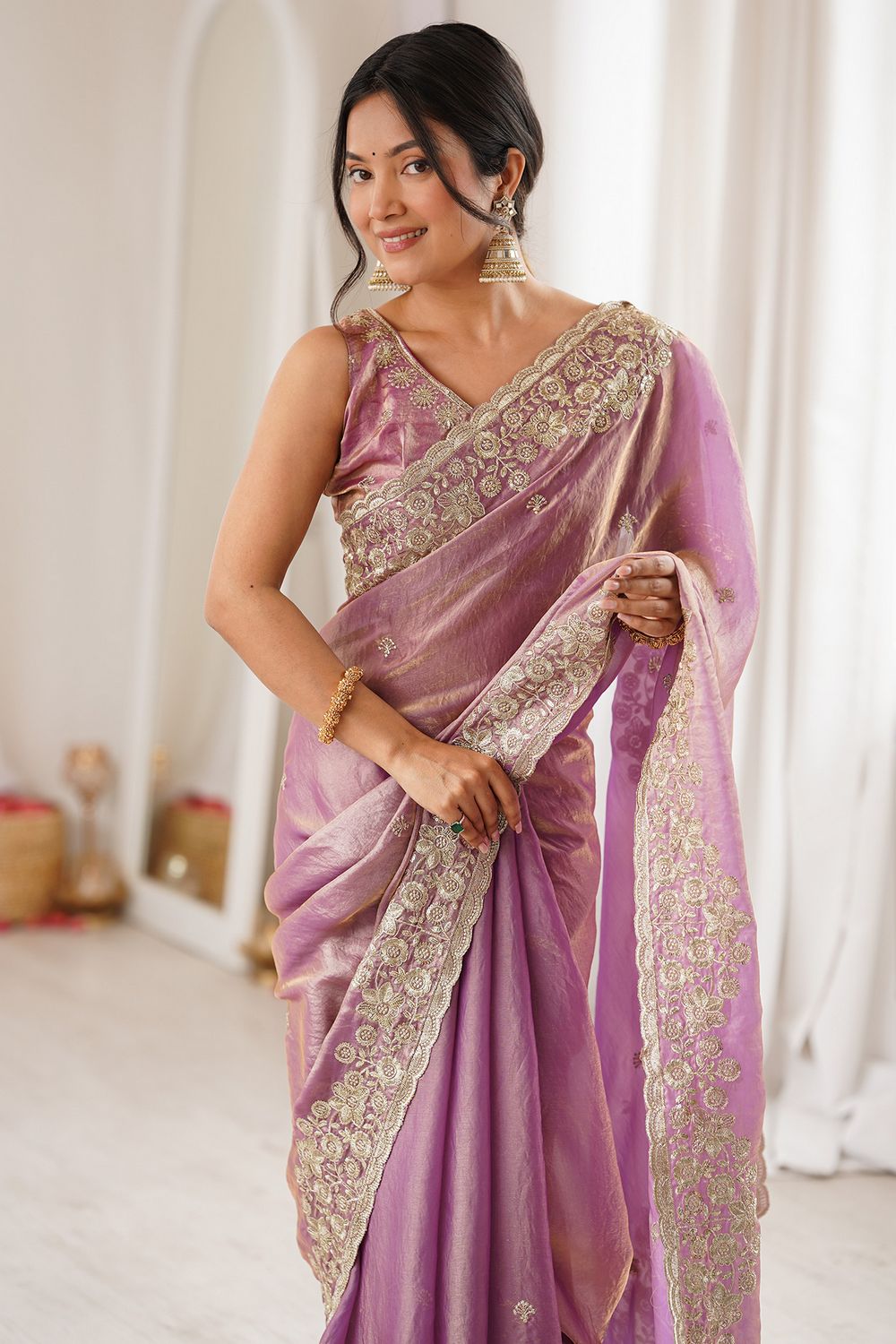 Aurora Lavender Satin Sequins Embellished Ready To Wear Saree