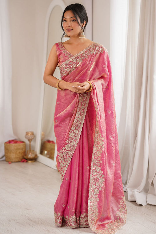 Aurora Pink Satin Sequins Embellished Ready To Wear Saree