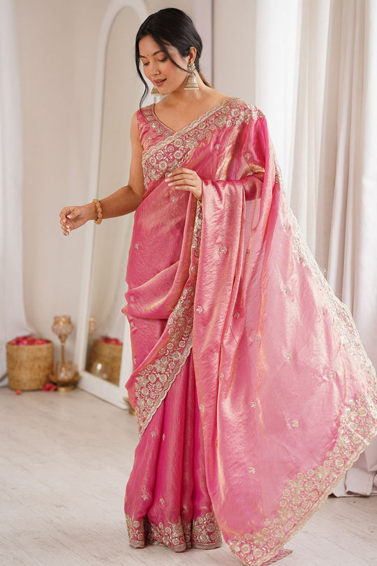 Aurora Pink Satin Sequins Embellished Ready To Wear Saree
