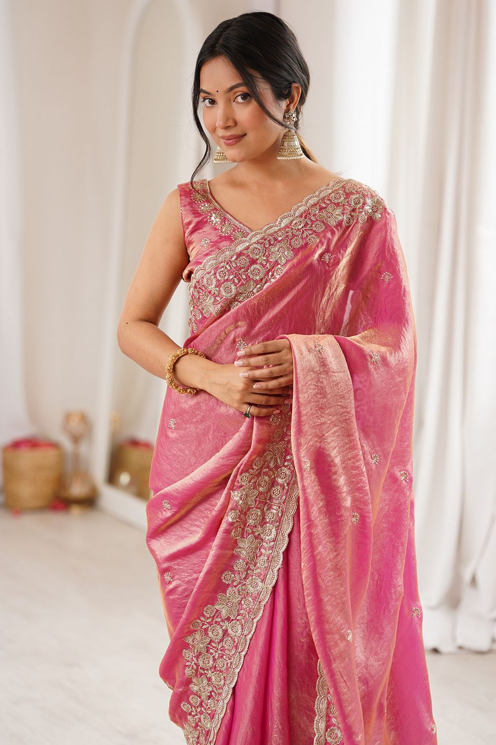 Aurora Pink Satin Sequins Embellished Ready To Wear Saree
