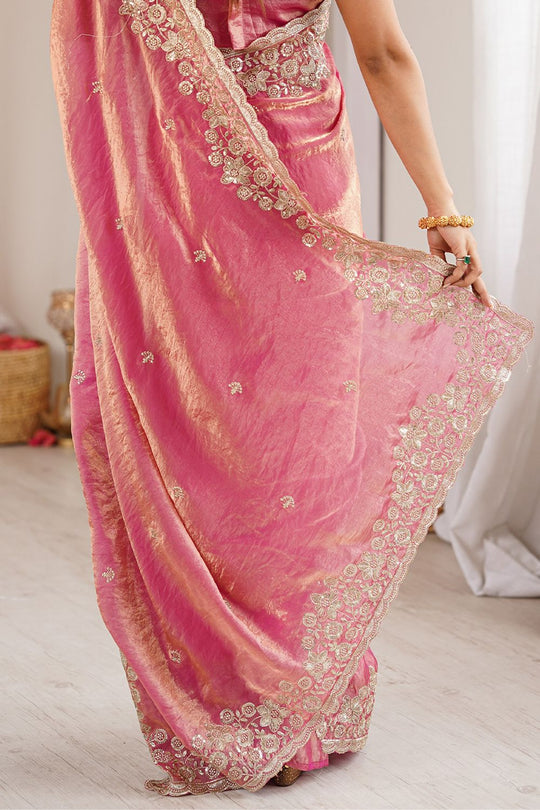 Aurora Pink Satin Sequins Embellished Ready To Wear Saree