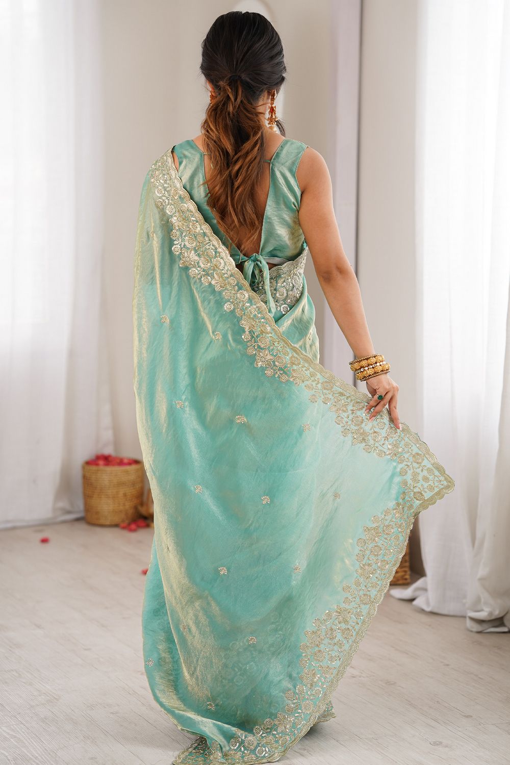 Aurora Aqua Green Satin Sequins Embellished Ready To Wear Saree