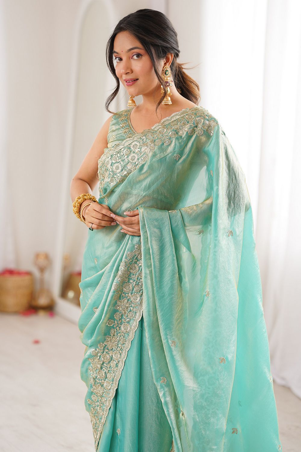Aurora Aqua Green Satin Sequins Embellished Ready To Wear Saree