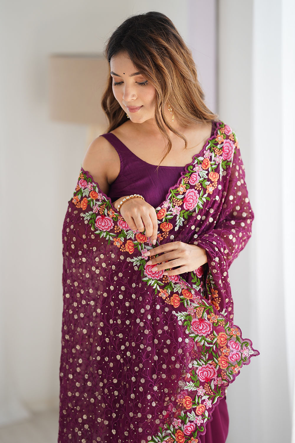 Isabella Wine Georgette with Sequins & Floral Work One Minute Saree