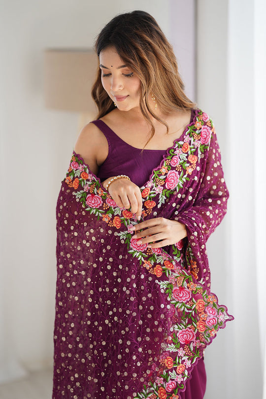 Isabella Wine Georgette with Sequins & Floral Work One Minute Saree