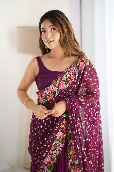 Isabella Wine Georgette with Sequins & Floral Work One Minute Saree