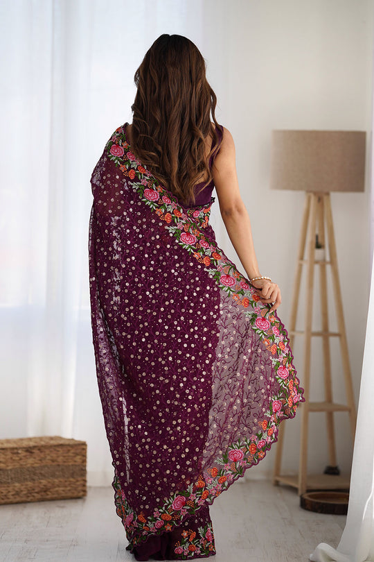 Isabella Wine Georgette with Sequins & Floral Work One Minute Saree