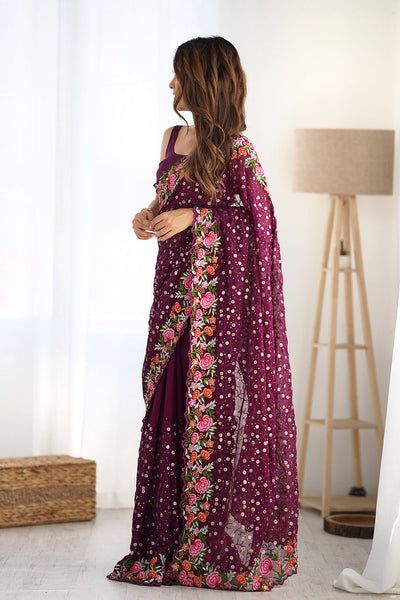 Isabella Wine Georgette with Sequins & Floral Work One Minute Saree