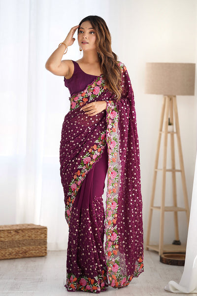 Isabella Wine Georgette with Sequins & Floral Work One Minute Saree