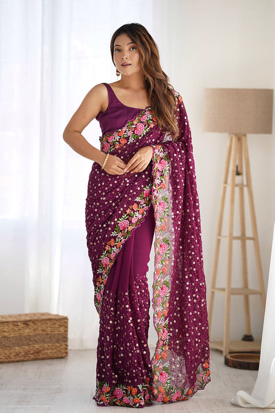 Isabella Wine Georgette with Sequins & Floral Work One Minute Saree