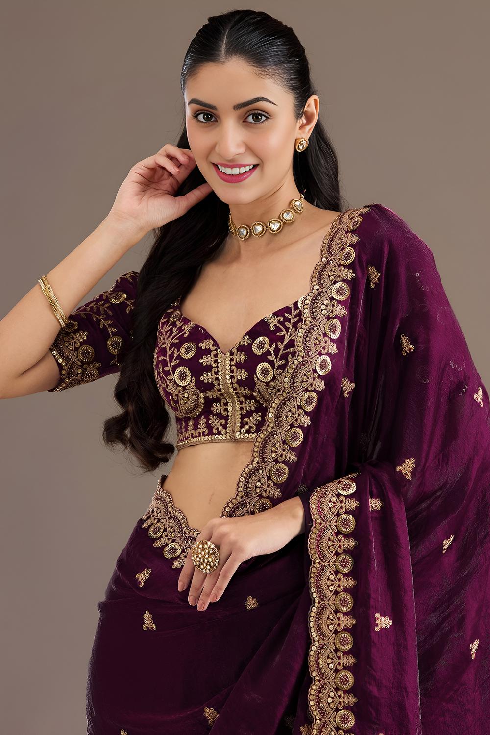 Mumtaz Wine Tissue Gold Embroidered Ready to Wear Saree