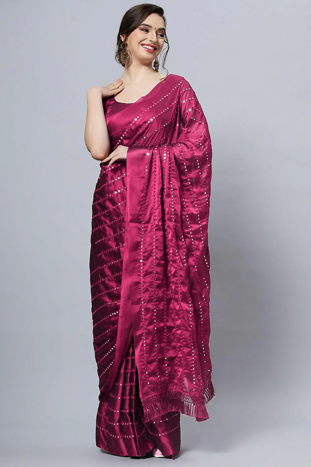 Shop Akila Crepe Silk Wine Mirror Work One Minute Saree at best offer at our  Store - One Minute Saree