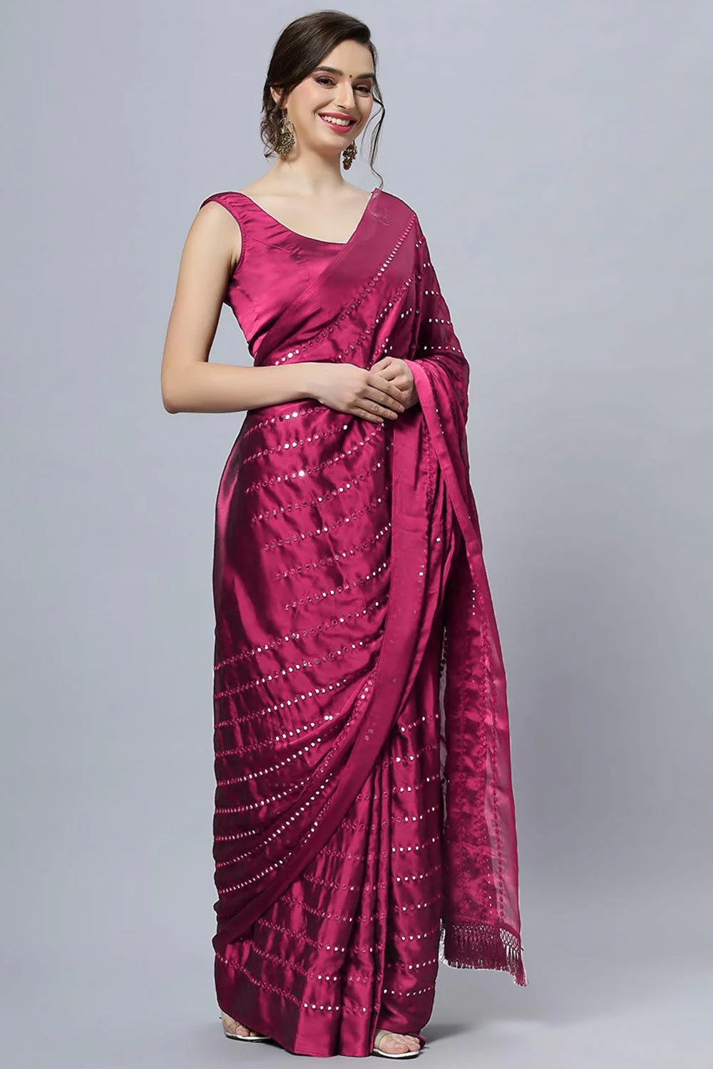 Buy Akila Crepe Silk Wine Mirror Work One Minute Saree Online