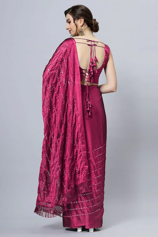Buy Akila Crepe Silk Wine Mirror Work One Minute Saree Online - Back