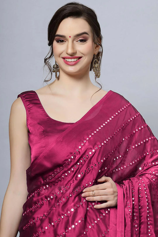 Buy Akila Crepe Silk Wine Mirror Work One Minute Saree Online - Front
