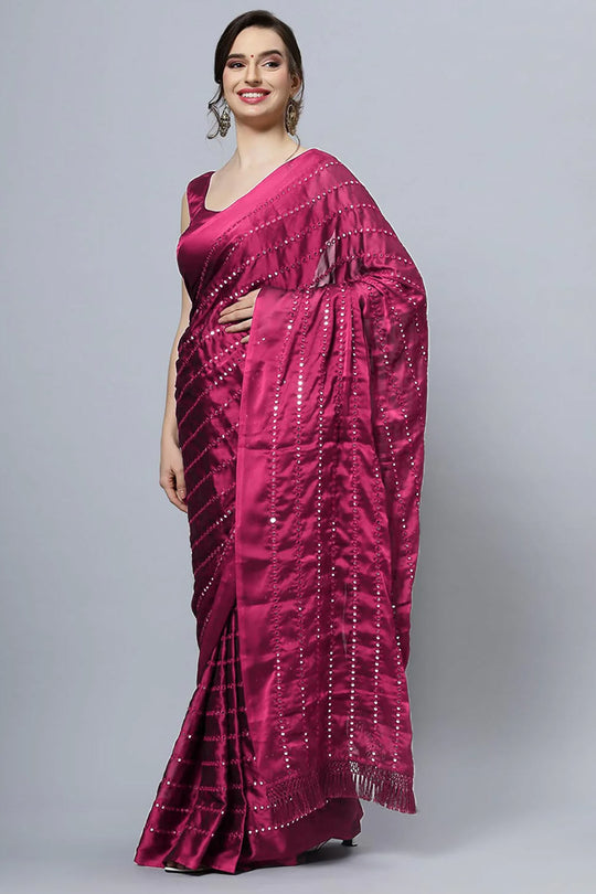 Buy Akila Crepe Silk Wine Mirror Work One Minute Saree Online - One Minute Saree