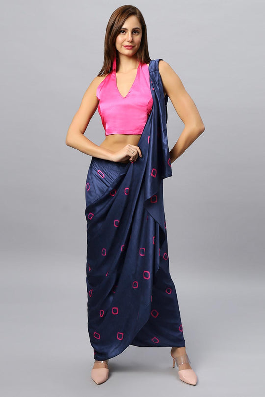 Buy Yara Navy Blue Modal Satin Shibori Print Sarong Saree Online - One Minute Saree