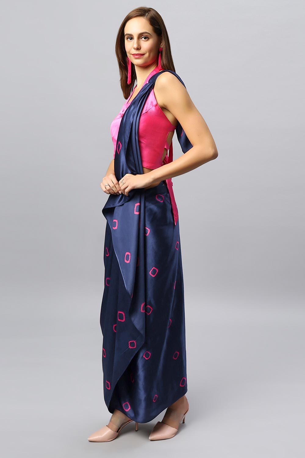 Buy Yara Navy Blue Modal Satin Shibori Print Sarong Saree Online