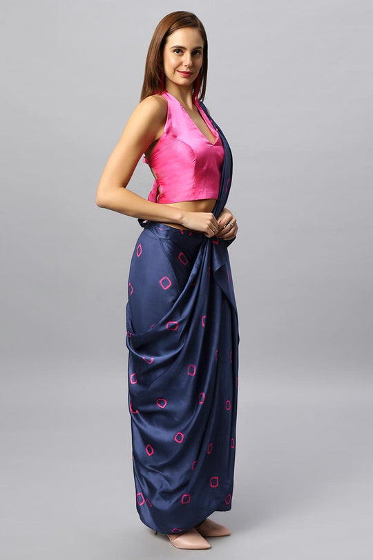 Buy Yara Navy Blue Modal Satin Shibori Print Sarong Saree Online - Back