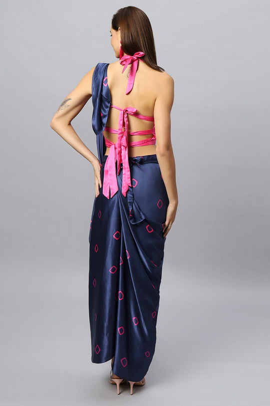Buy Yara Navy Blue Modal Satin Shibori Print Sarong Saree Online - Front
