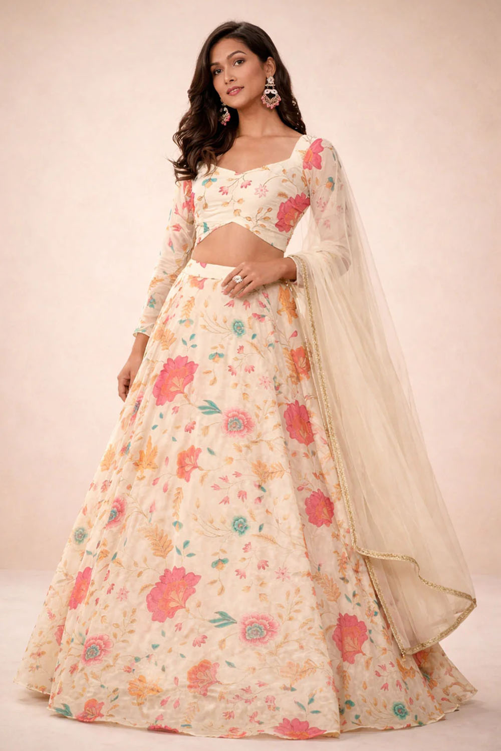 Florence Beige Floral Printed Organza Lehenga Saree