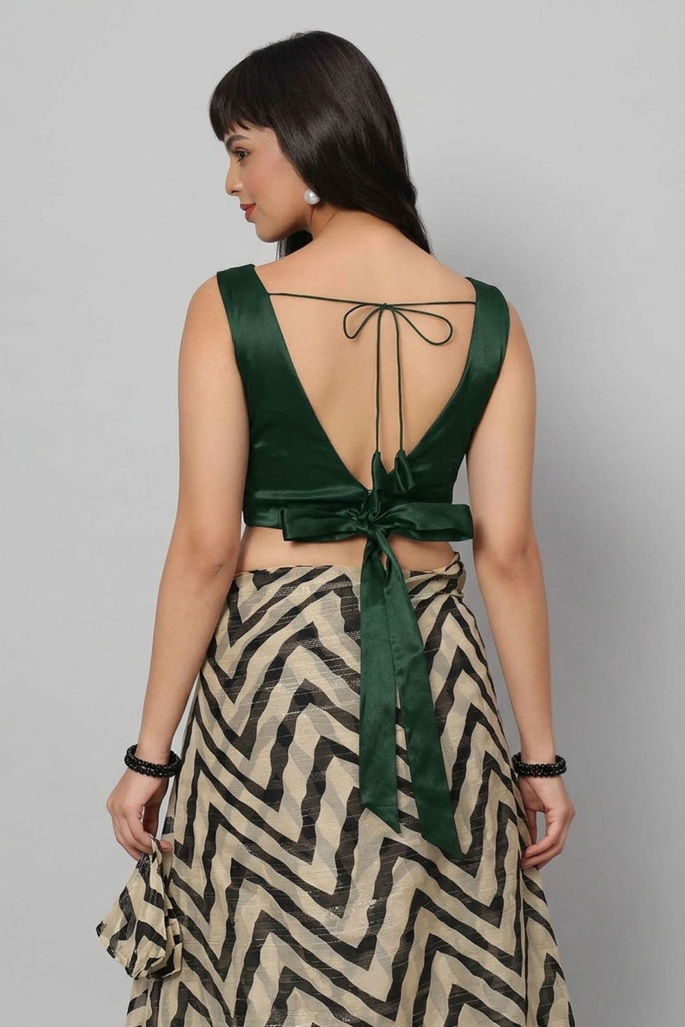 Ana Bottle Green Satin Comfort Stretch  Deep V Sleeveless Blouse with Bow