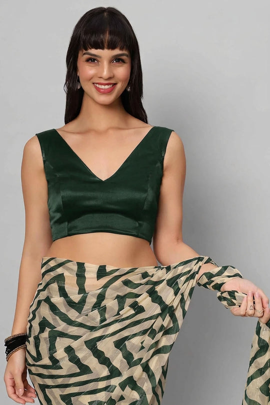 Ana Bottle Green Satin Comfort Stretch  Deep V Sleeveless Blouse with Bow