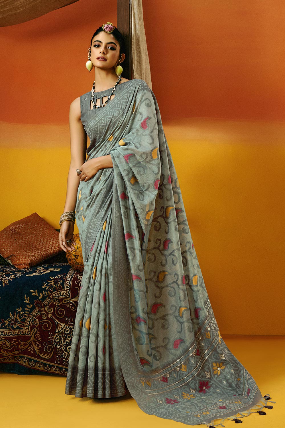 Gina Jamdani Grey Cotton Printed Ready to Wear One Minute Saree