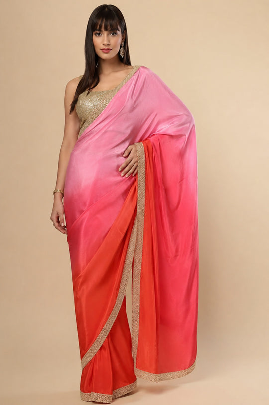 Chandini Pink &amp; Orange Ombre Silk With Gold Sequins Border One Minute Saree