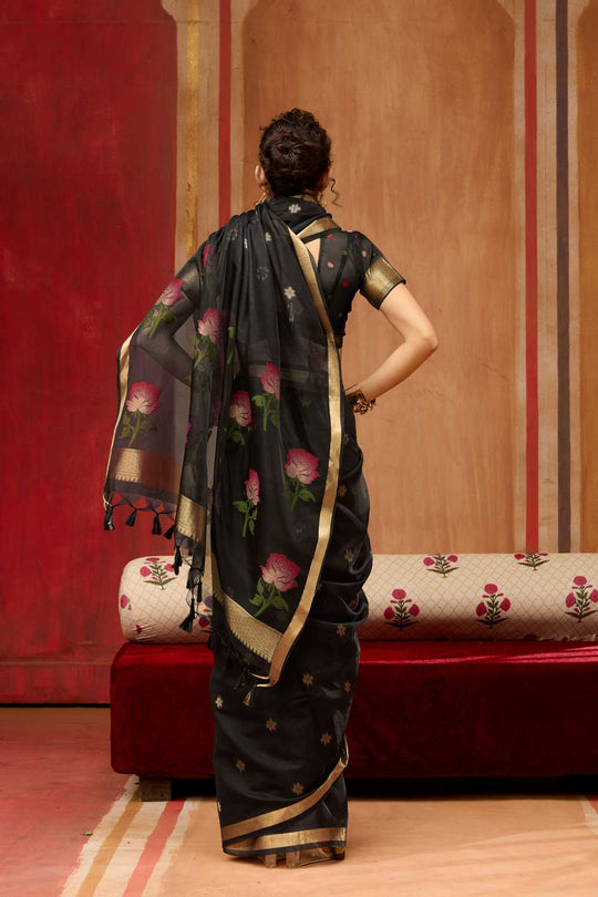 Rosa Black Munga Cotton Saree with Organza Weaving Pallu Ready to Wear Saree