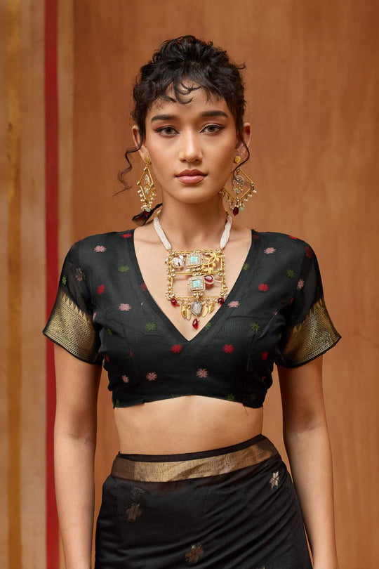 Rosa Black Munga Cotton Saree with Organza Weaving Pallu Ready to Wear Saree