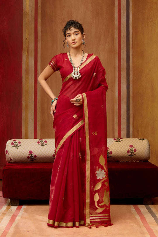 Divya Scarlet Red Munga Silk Saree with Organza Weaving Pallu Ready to Wear Saree