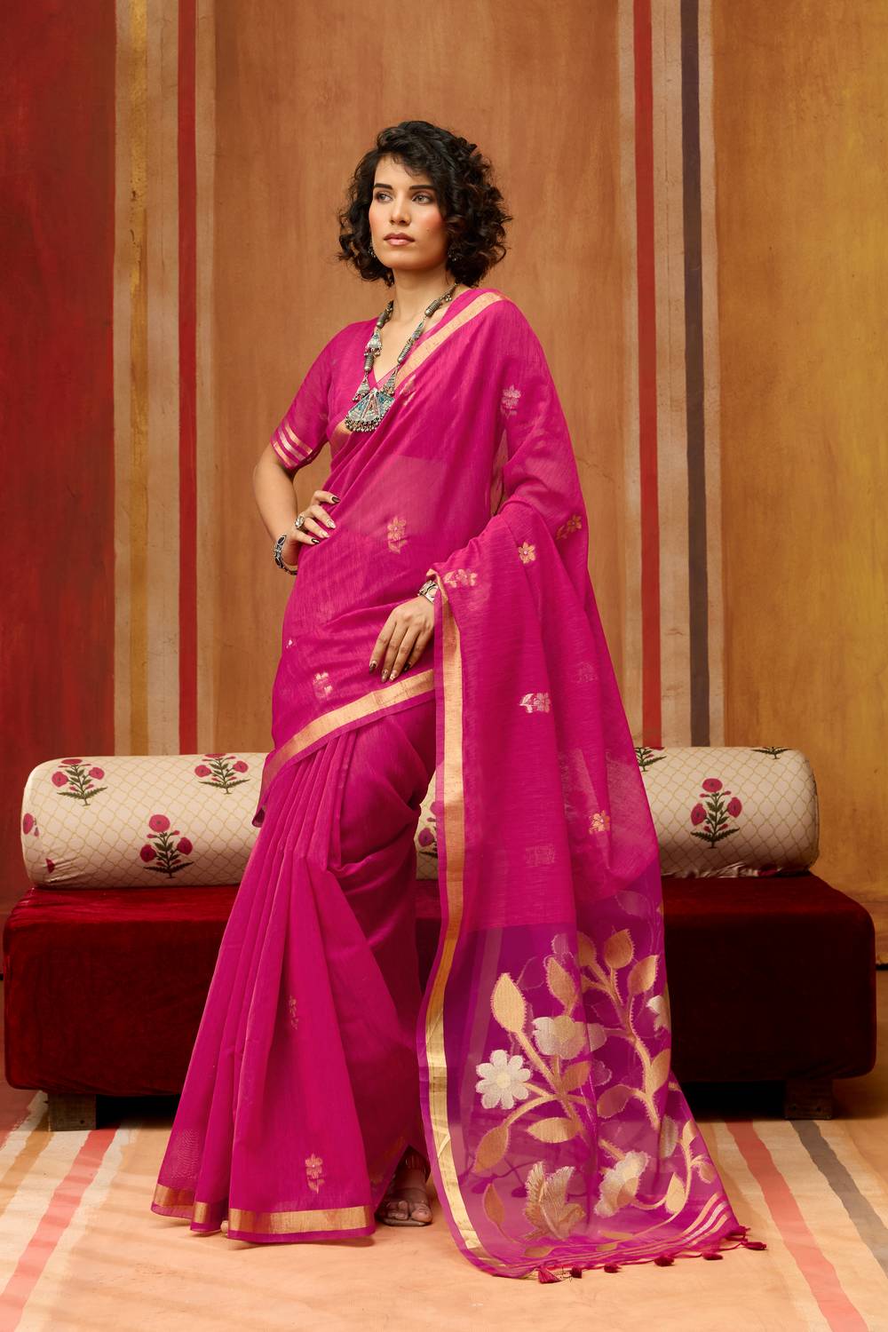 Divya Fuchsia Pink Munga Silk Saree with Organza Weaving Pallu Ready to Wear Saree