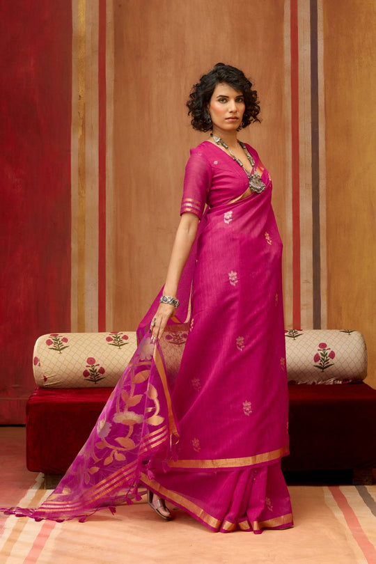 Divya Fuchsia Pink Munga Silk Saree with Organza Weaving Pallu Ready to Wear Saree