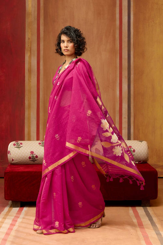 Divya Fuchsia Pink Munga Silk Saree with Organza Weaving Pallu Ready to Wear Saree