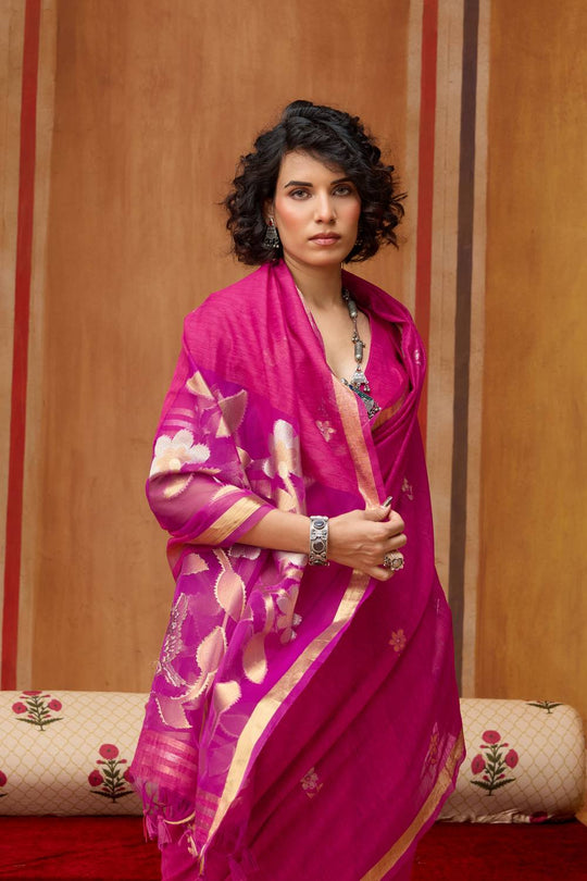 Divya Fuchsia Pink Munga Silk Saree with Organza Weaving Pallu Ready to Wear Saree