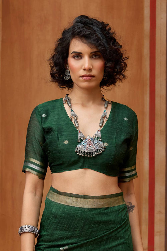 Divya Bottle Green Munga Silk Saree with Organza Weaving Pallu Ready to Wear Saree