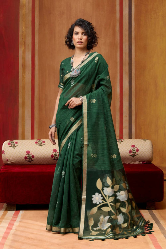 Divya Bottle Green Munga Silk Saree with Organza Weaving Pallu Ready to Wear Saree