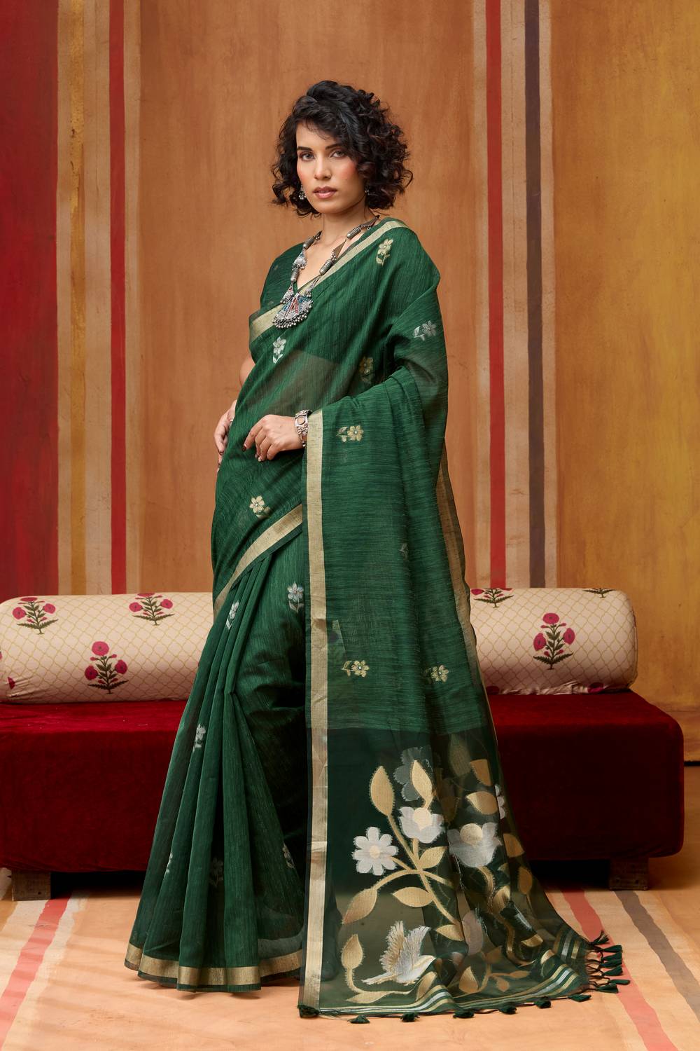 Divya Bottle Green Munga Silk Saree with Organza Weaving Pallu Ready to Wear Saree