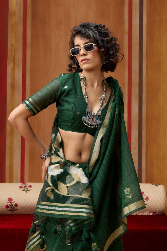 Divya Bottle Green Munga Silk Saree with Organza Weaving Pallu Ready to Wear Saree