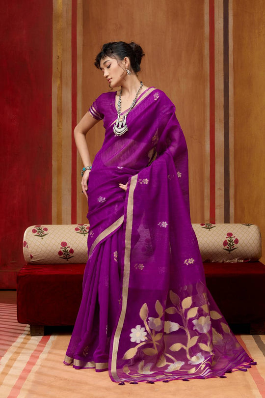 Divya Purple Munga Silk Saree with Organza Weaving Pallu Ready to Wear Saree