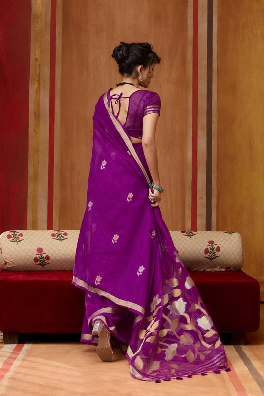 Divya Purple Munga Silk Saree with Organza Weaving Pallu Ready to Wear Saree