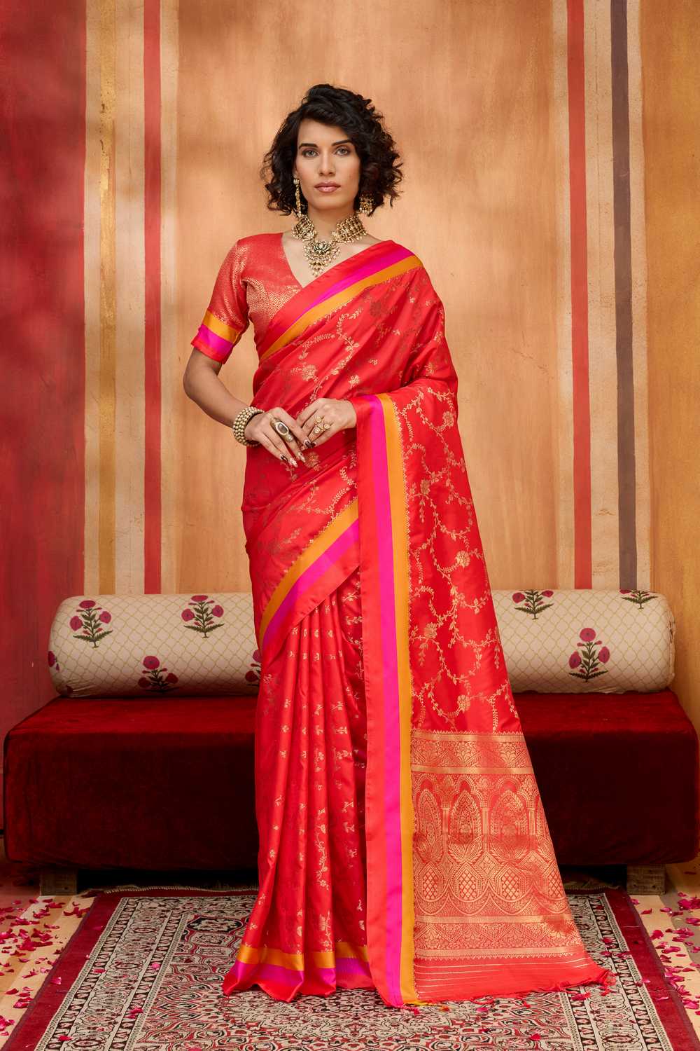 Soraya Red Soft Silk Satin Saree with Handloom Woven Design Ready to Wear One Minute Saree