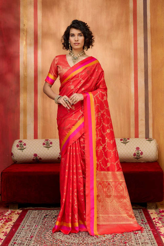 Soraya Red Soft Silk Satin Saree with Handloom Woven Design Ready to Wear One Minute Saree