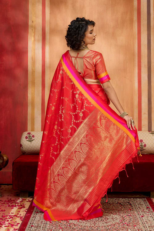 Soraya Red Soft Silk Satin Saree with Handloom Woven Design Ready to Wear One Minute Saree