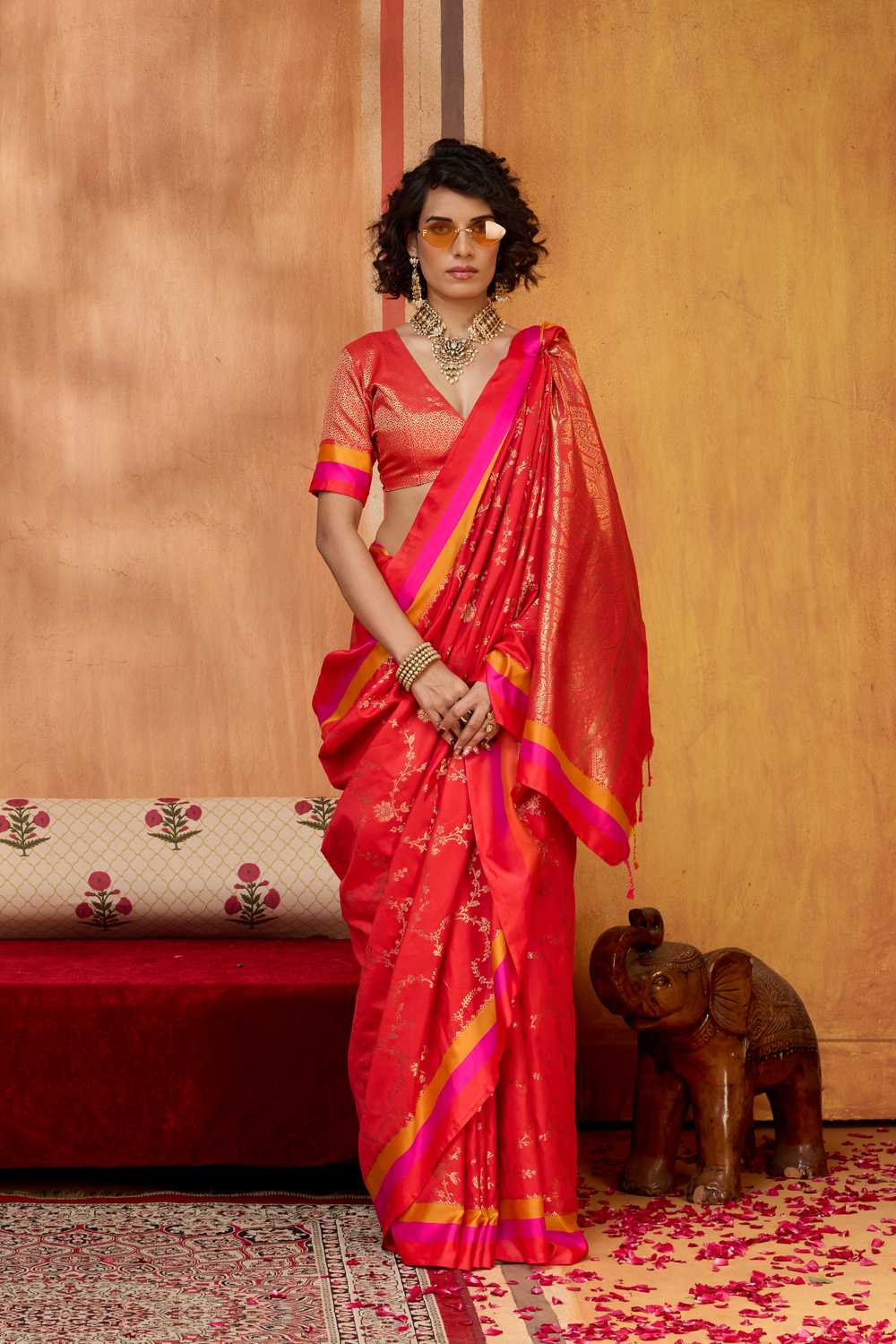 Soraya Red Soft Silk Satin Saree with Handloom Woven Design Ready to Wear One Minute Saree