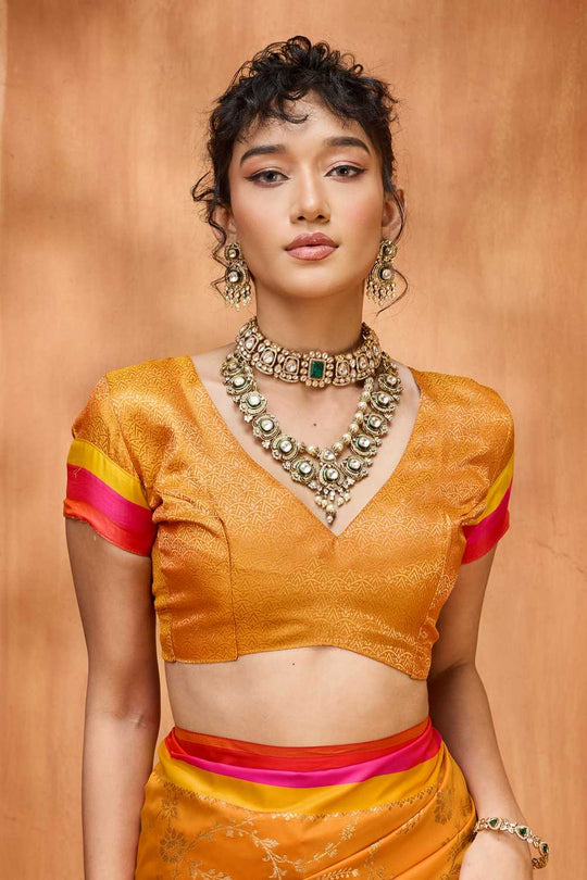 Soraya Marigold Orange Soft Silk Satin Saree with Handloom Woven Design Ready to Wear One Minute Saree