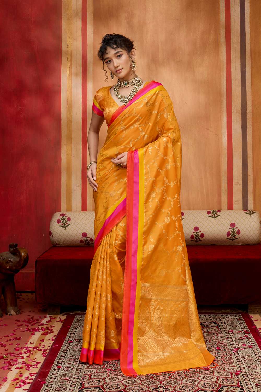Soraya Marigold Orange Soft Silk Satin Saree with Handloom Woven Design Ready to Wear One Minute Saree